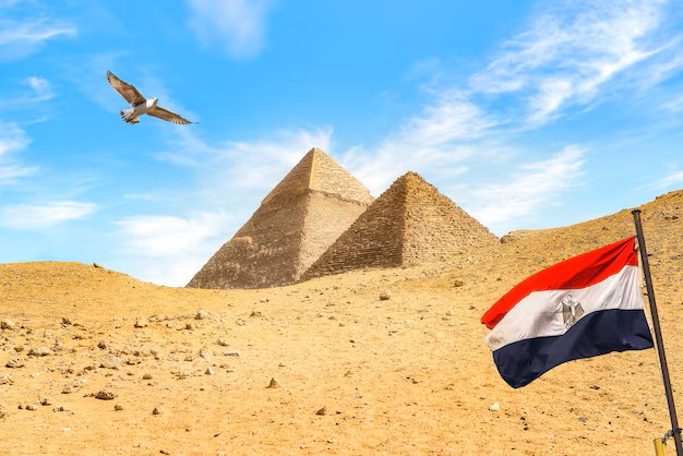 egyptian flag near pyramids desert giza cairo 219958 670